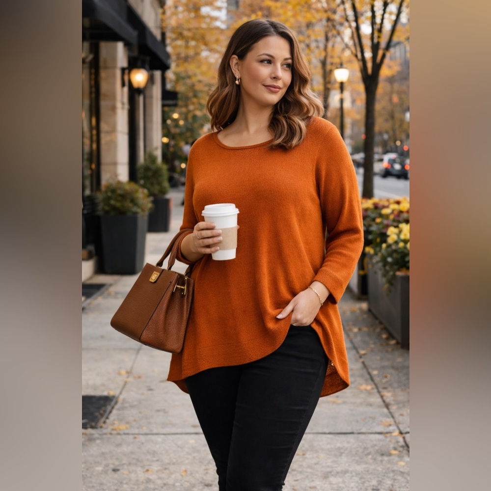 NWT Michael Kors Maple Leaf Orange Knit Sweater Hi-Low Scoop Hem Size Large